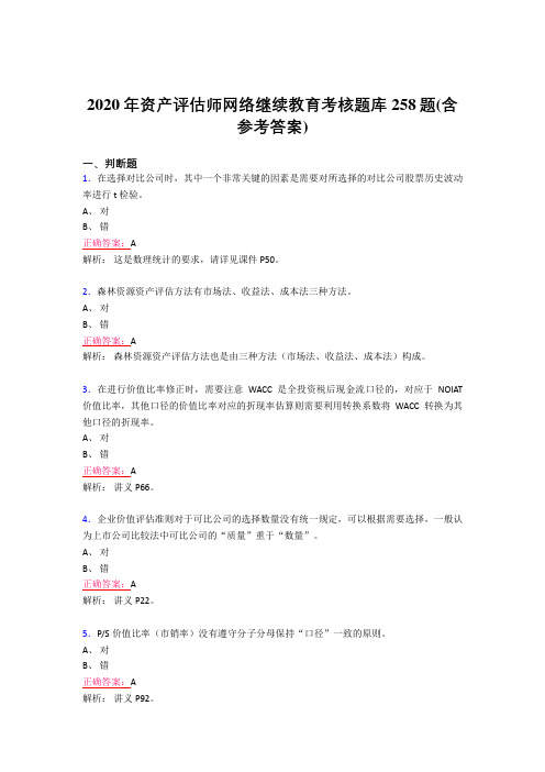 精选最新版2020年资产评估师网络继续教育模拟考试258题(含标准答案)