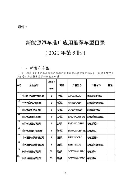 新能源汽车推广应用推荐车型目录(2021年第5批)