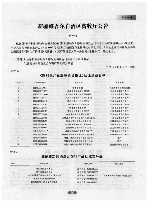 新疆维吾尔自治区畜牧厅公告 第10号