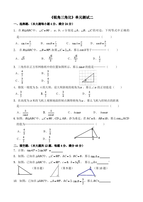 《锐角三角比》单元测试二