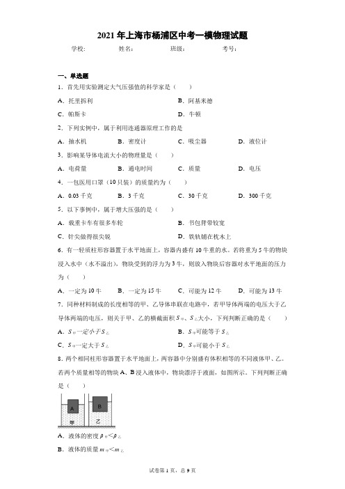 2021年上海市杨浦区中考一模物理试题