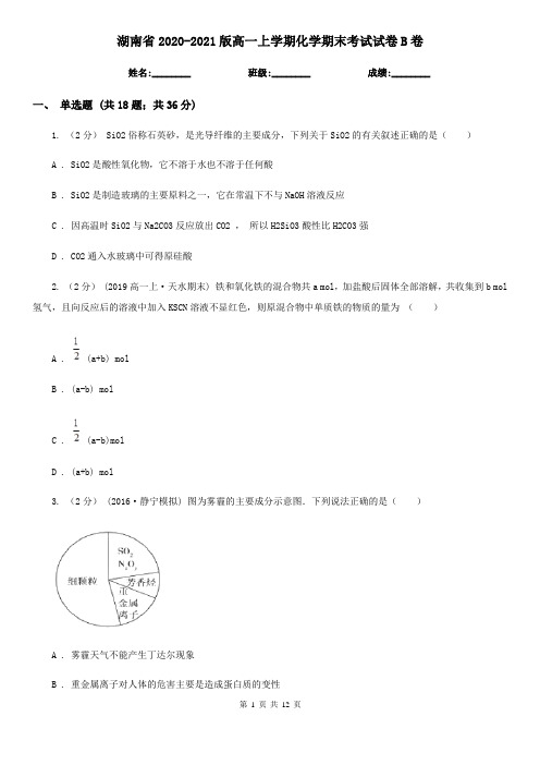 湖南省2020-2021版高一上学期化学期末考试试卷B卷