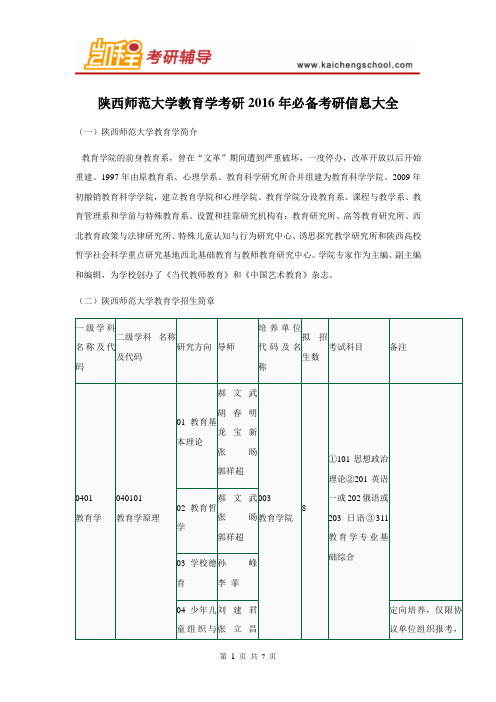 陕西师范大学教育学考研2016年必备考研信息大全