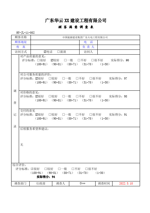 顾客满意度表格