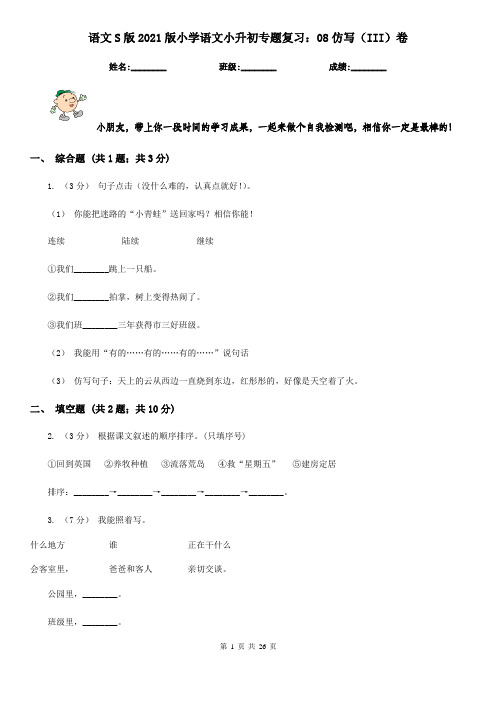 语文S版2021版小学语文小升初专题复习：08仿写(III)卷