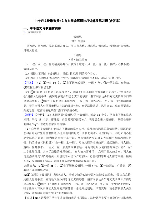 中考语文诗歌鉴赏+文言文阅读解题技巧讲解及练习题(含答案)