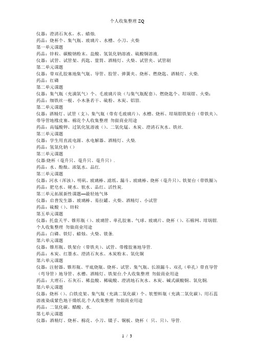 九级化学实验药品仪器名录
