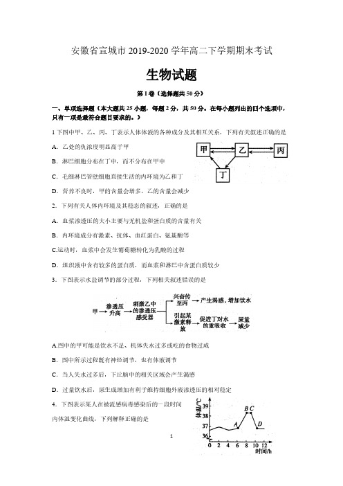 安徽省宣城市2019-2020学年高二生物下学期期末考试试题 含答案