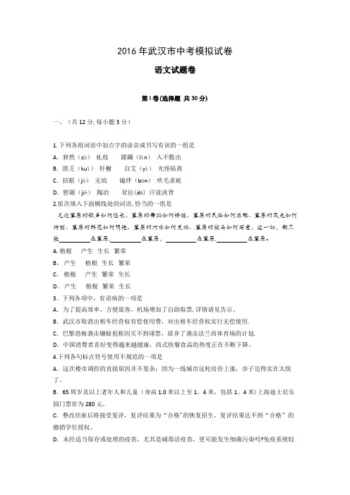 2016年武汉市中考模拟试卷