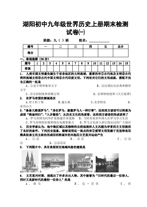 湖阳初中九年级世界历史上册期末检测试卷一(含答案)