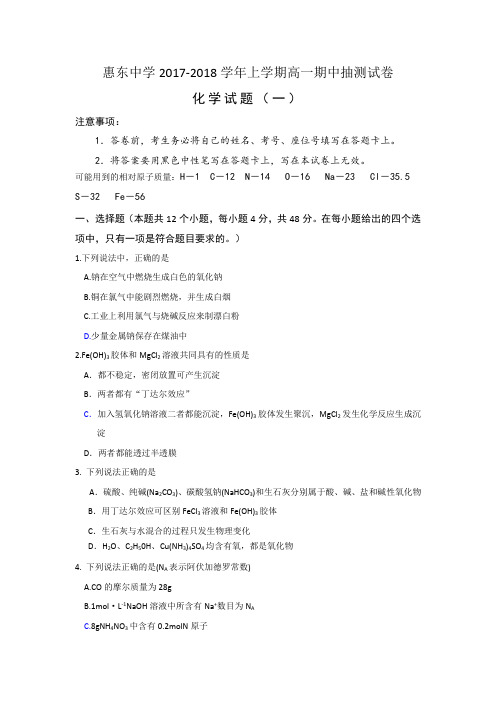惠东中学2017-2018学年上学期高一期中抽测试卷