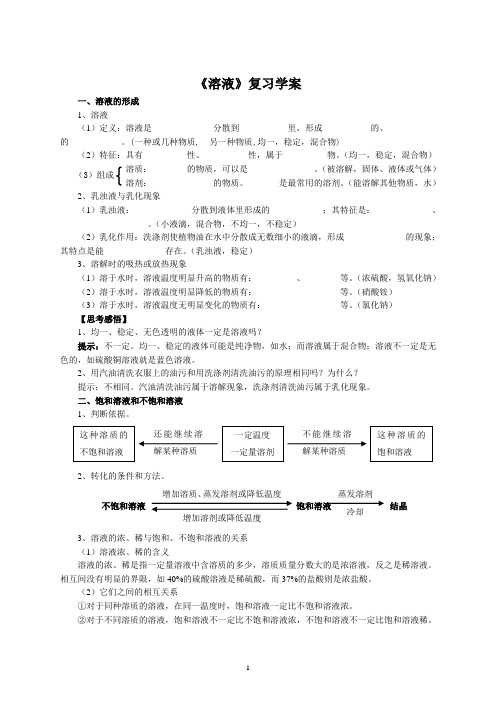中考一轮复习《溶液》复习学案