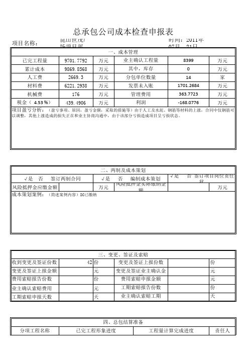 成本检查表格