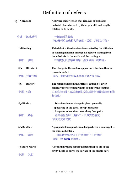 不良项目中英文对照