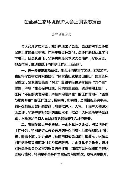在全生态环境保护大会上的表态发言