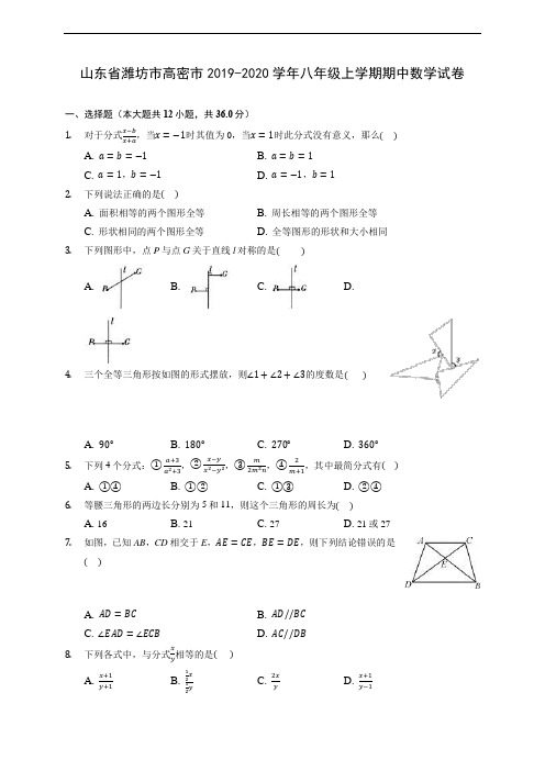 山东省潍坊市高密市2019-2020学年八年级上学期期中数学试卷 (有解析)