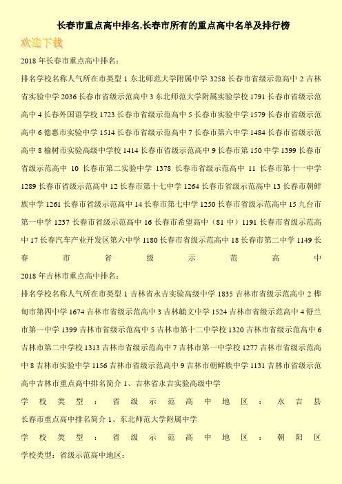  长春市重点高中排名,长春市所有的重点高中名单及排行榜