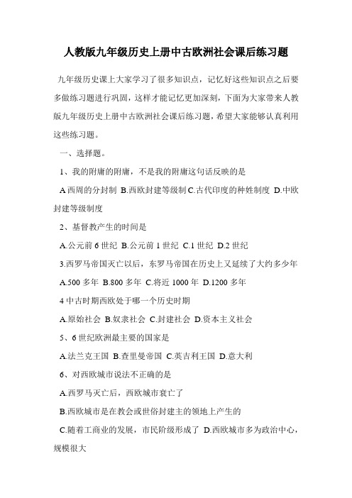 人教版九年级历史上册中古欧洲社会课后练习题.doc