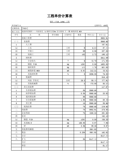 锚杆单价分析表2m
