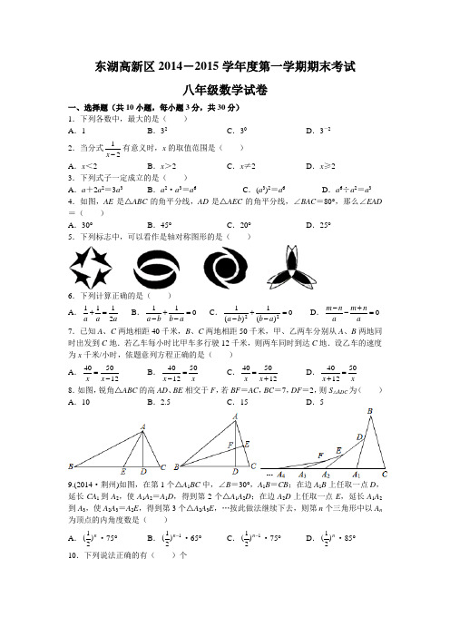 东湖高新区2014-2015学年度第一学期期末考试八年级数学试卷(word版)