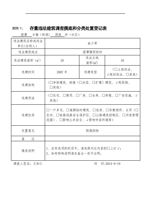 XX镇西街村存量违法建筑调查摸底和分类处置登记表