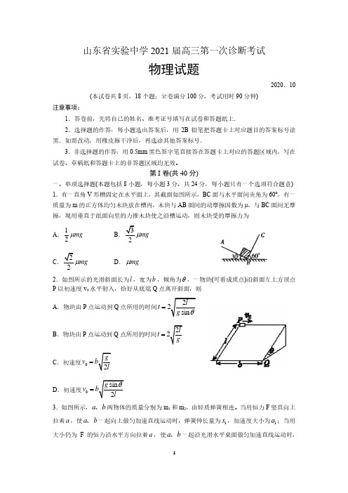 山东省实验中学2021届高三第一次诊断考试(物理)含答案