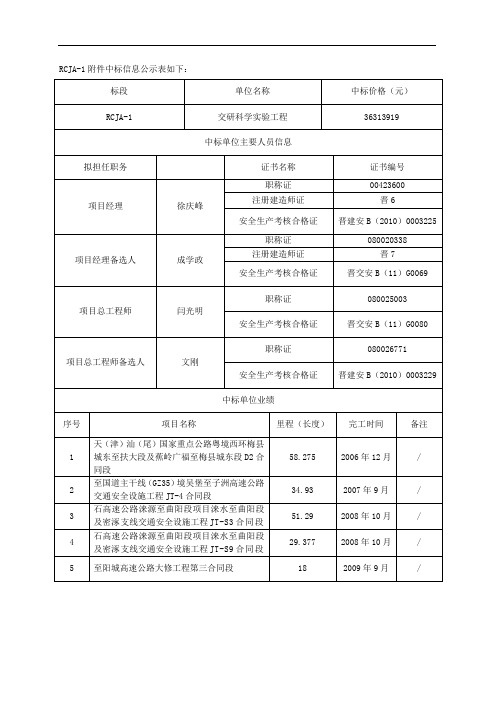 RCJA-1附件中标信息公示表格如下：