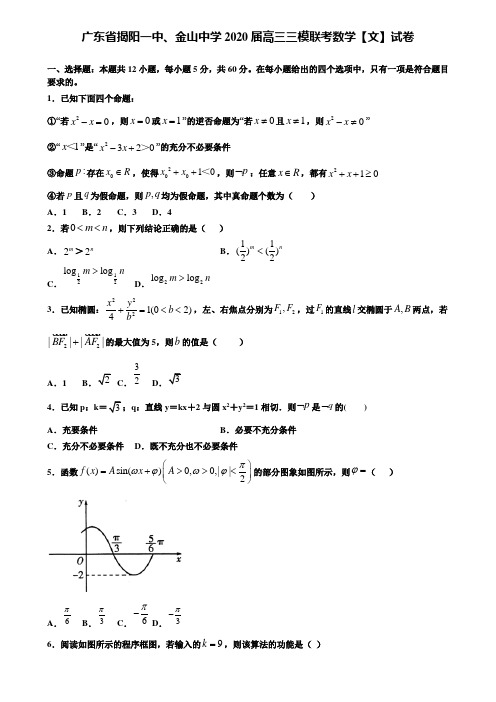 【附加15套高考模拟试卷】广东省揭阳一中、金山中学2020届高三三模联考数学【文】试卷含答案