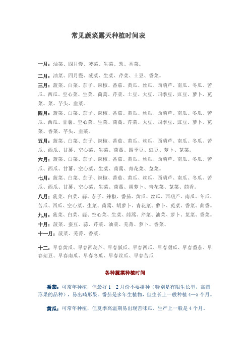 常见蔬菜露天种植时间表