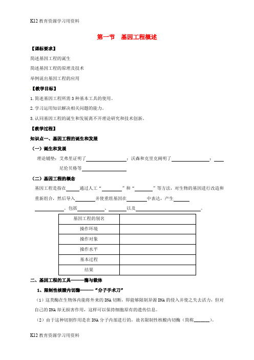 【配套K12】江苏省南京市高中生物 第一章 基因工程 1.1.1 基因工程概述导学案(无答案)苏教版选修3