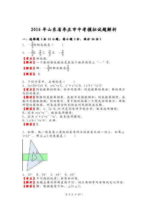 2016年山东省枣庄市中考模拟试题解析