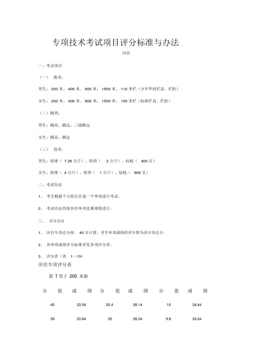 体育高考专项技术考试项目评分标准与办法