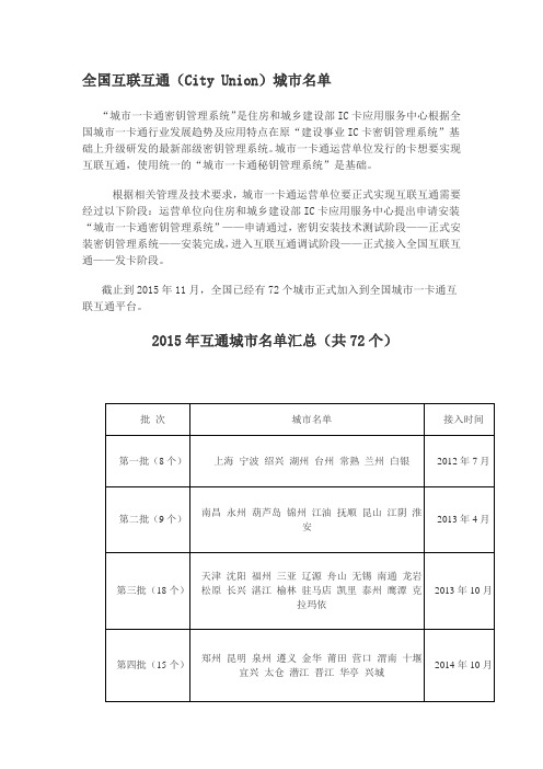 住建部全国互联互通(City Union)城市名单