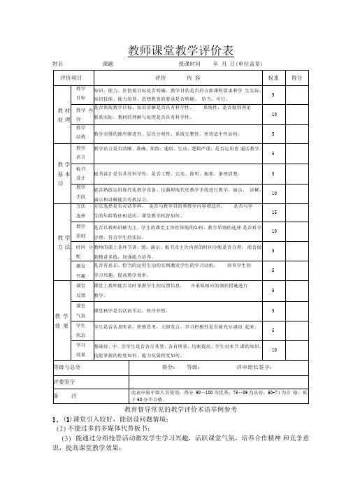 教师课堂教学评价大全(附带评语)
