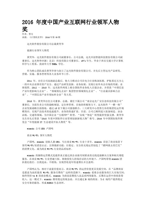 2016 年度中国产业互联网行业领军人物奖
