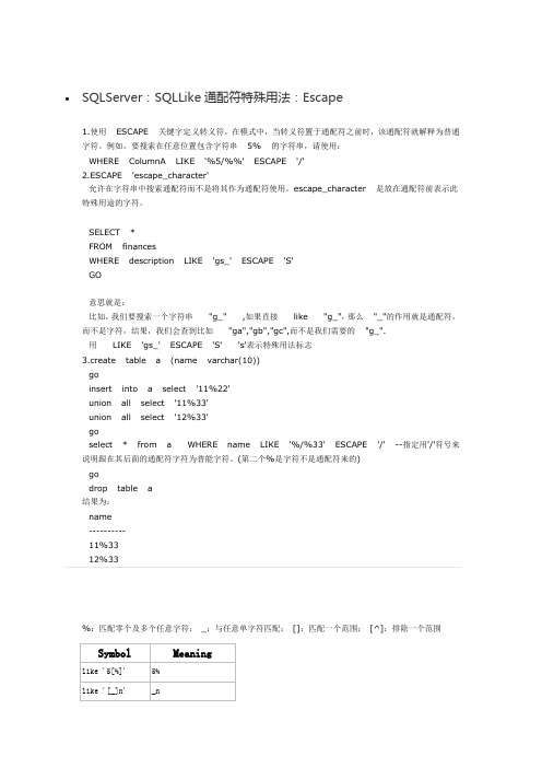SQLServer：SQLLike通配符特殊用法：Escape