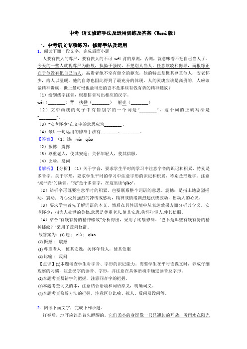 中考 语文修辞手法及运用训练及答案(Word版)