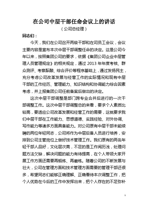 在公司中层干部任命大会上的讲话