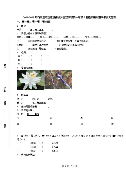 2018-2019年石家庄市正定县南楼乡里双店联校一年级上册语文模拟期末考试无答案