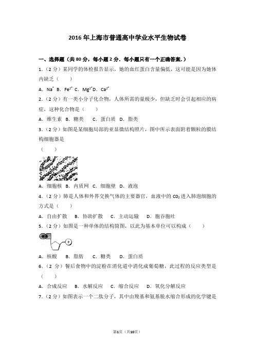 2016年上海市普通高中学业水平生物试卷及答案