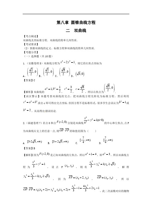 2013年高考数学试题精编：8.2双曲线
