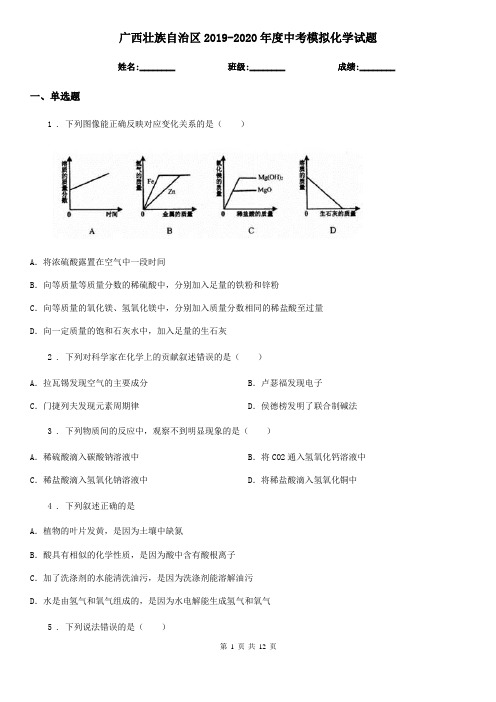 广西壮族自治区2019-2020年度中考模拟化学试题