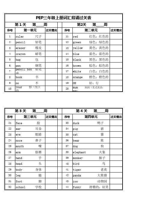 pep三年级上下册词汇默写背诵过关表完美打印版