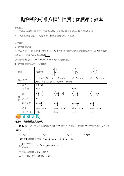 抛物线的标准方程与性质(优质课)教案