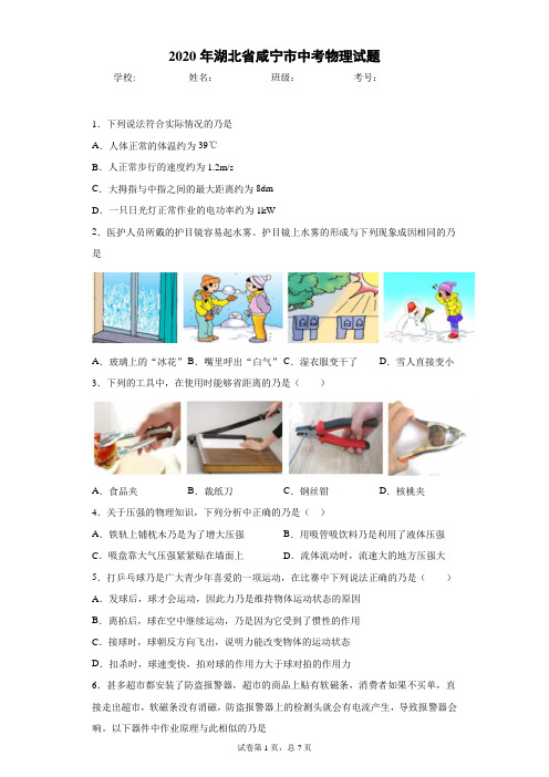 湖北省咸宁市2020年中考物理试题 