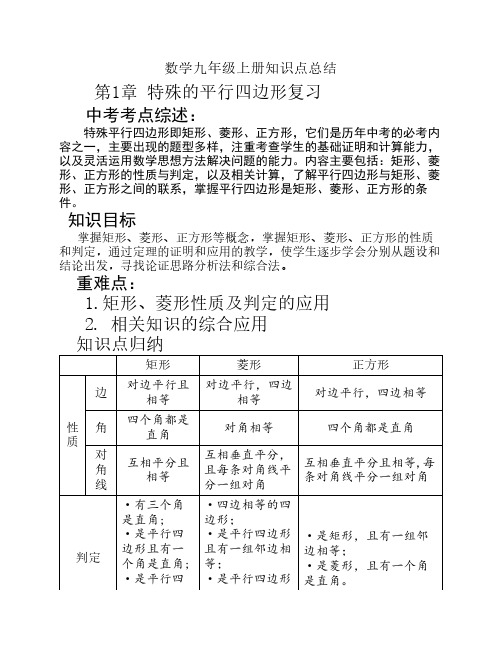 北师大版九年级上册数学复    习知识点及例题