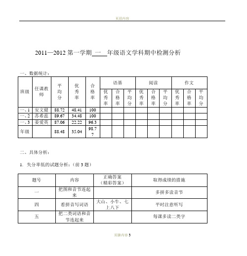 2010—2011第一学期 年级语文学科期中检测分析