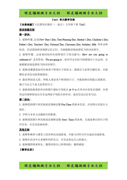 人教版(新起点)英语五下Unit 2《Special Days》单元教学目标