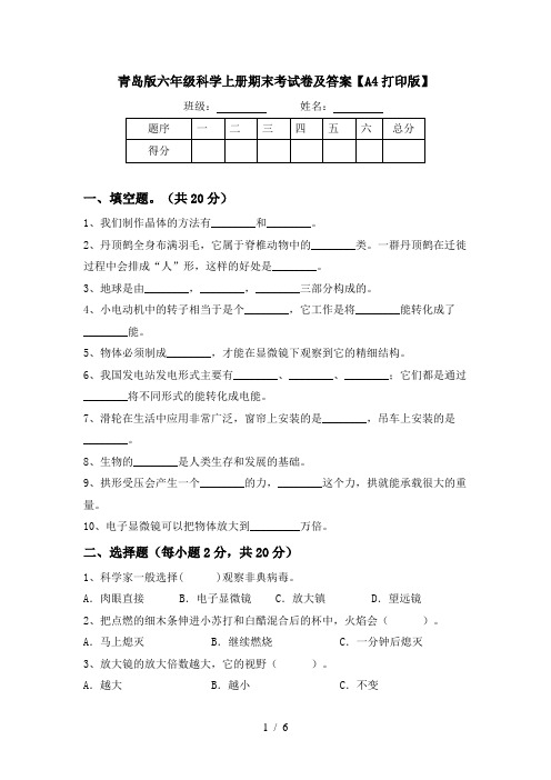 青岛版六年级科学上册期末考试卷及答案【A4打印版】