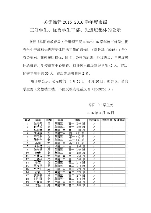 公示  2016年市级三好优干先进集体